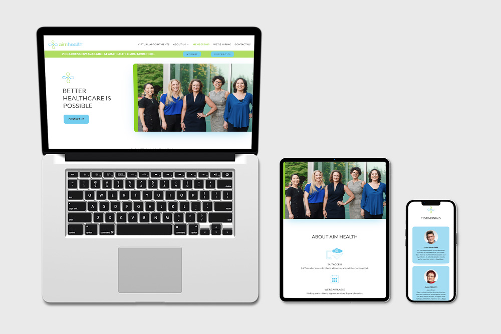 Website mockup for AIM Health featuring a group photo of women in professional attire, and website sections for about, testimonials, and contact.