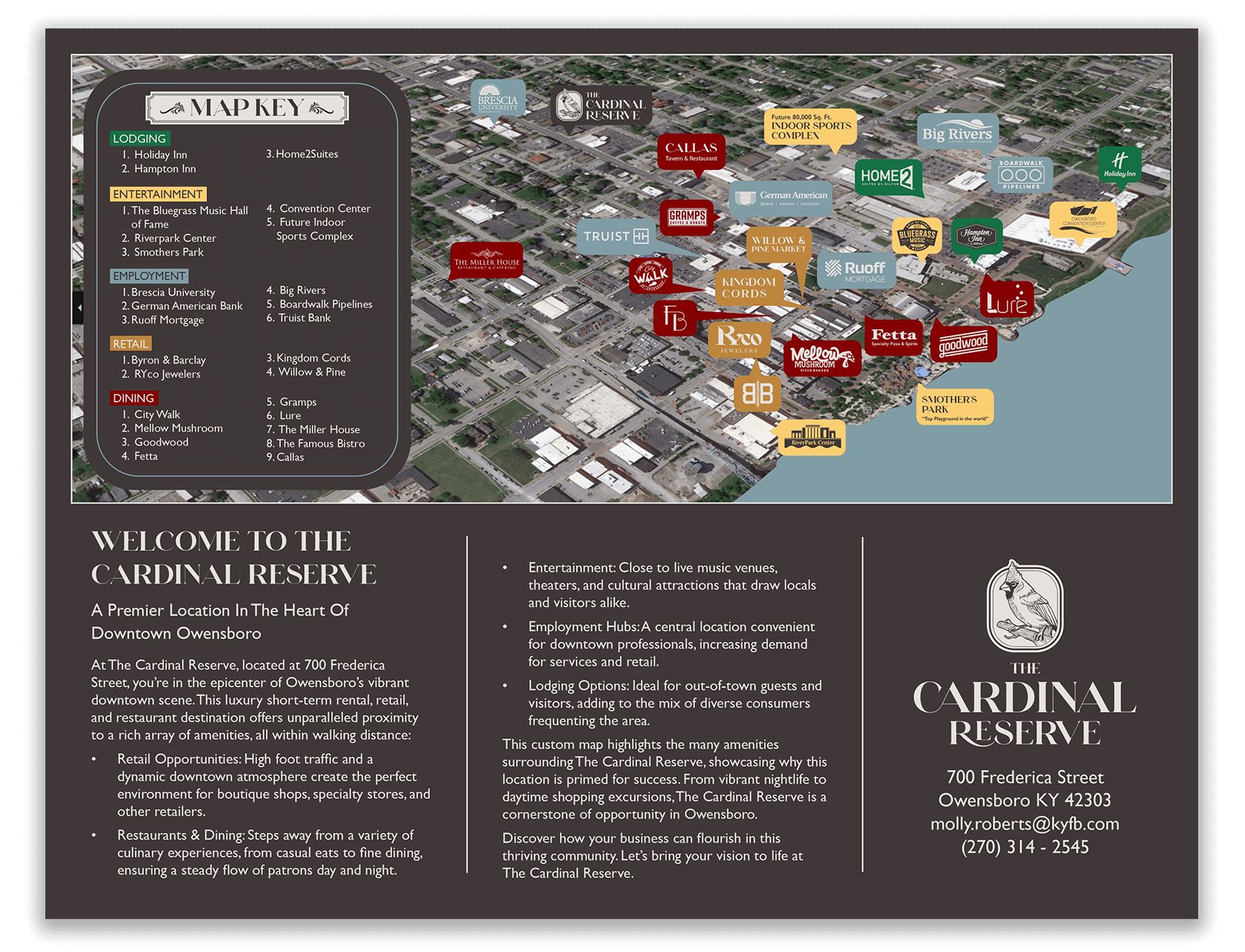 Map of downtown Owensboro highlighting the Cardinal Reserve location, showing lodging, entertainment, dining, and retail options.