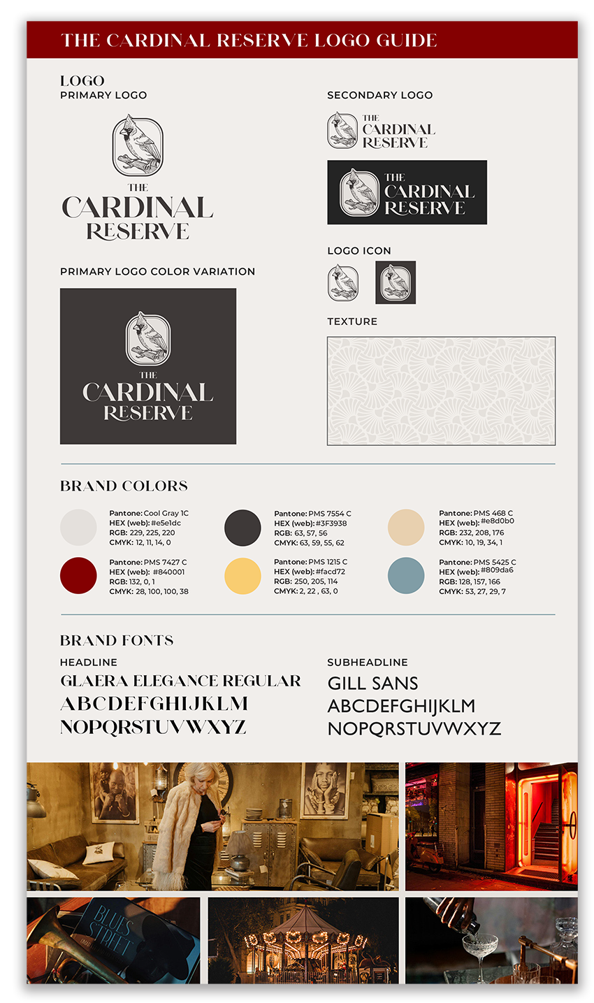 Cardinal Reserve logo guide, showcasing primary and secondary logos, color variations, and fonts.