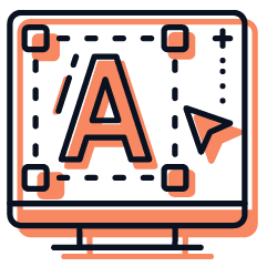 An orange computer monitor icon displaying the letter "A" and design elements, suggesting interface design or a software application.