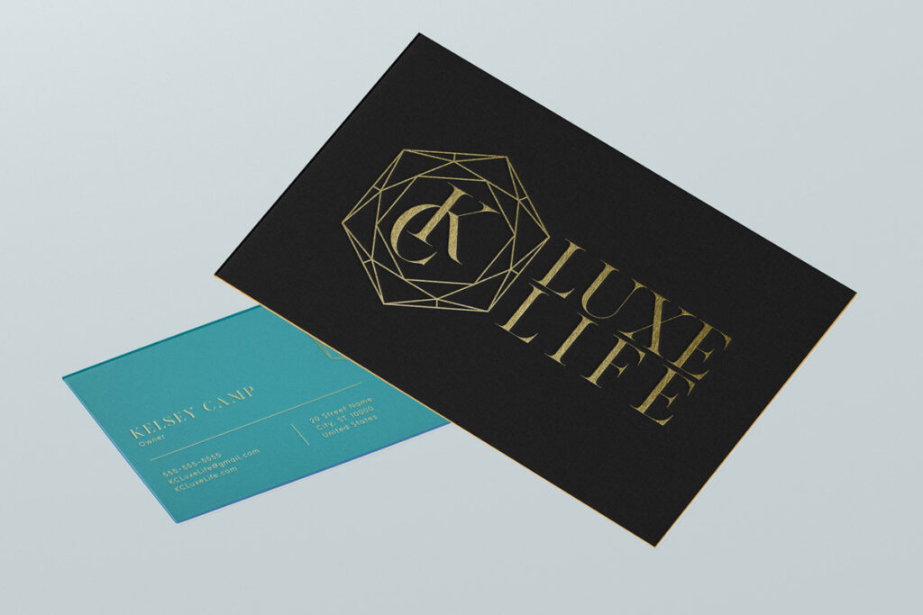 KC Luxe Life, gold foil business card with textured paper.